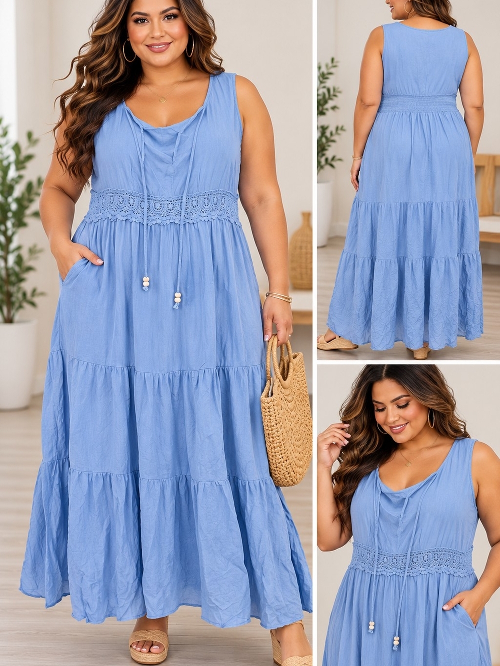 BloomChic Sky Blue Crochet-Waist Tiered Maxi Dress